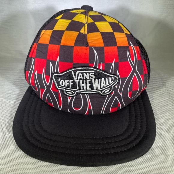 Vans “Off The Wall” Mens Snapback Hat Cap Flames Checkered Adj. Trucker Plus Bag - Picture 3 of 16